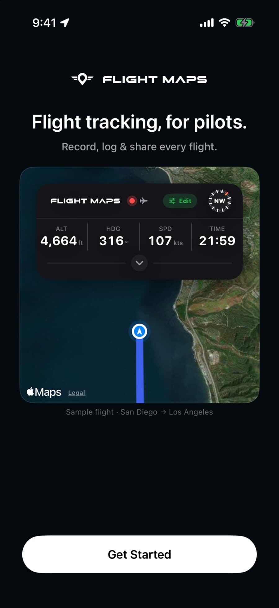 Flight Maps welcome screen: the cockpit readout over a satellite map of the sample flight from San Diego to Los Angeles